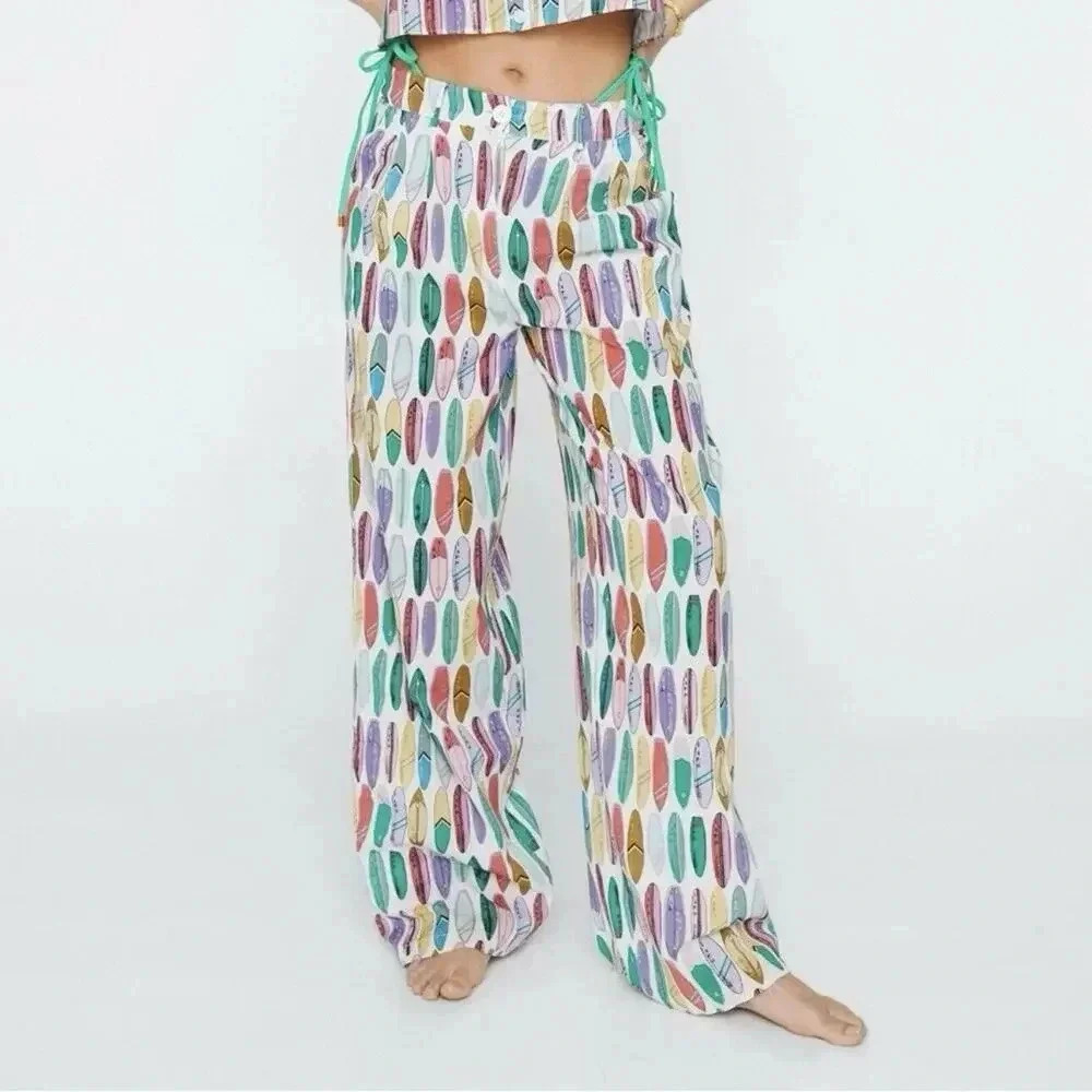 NWT Nasty Gal Surf Board Print Wide Leg Trouser Pants Size 2